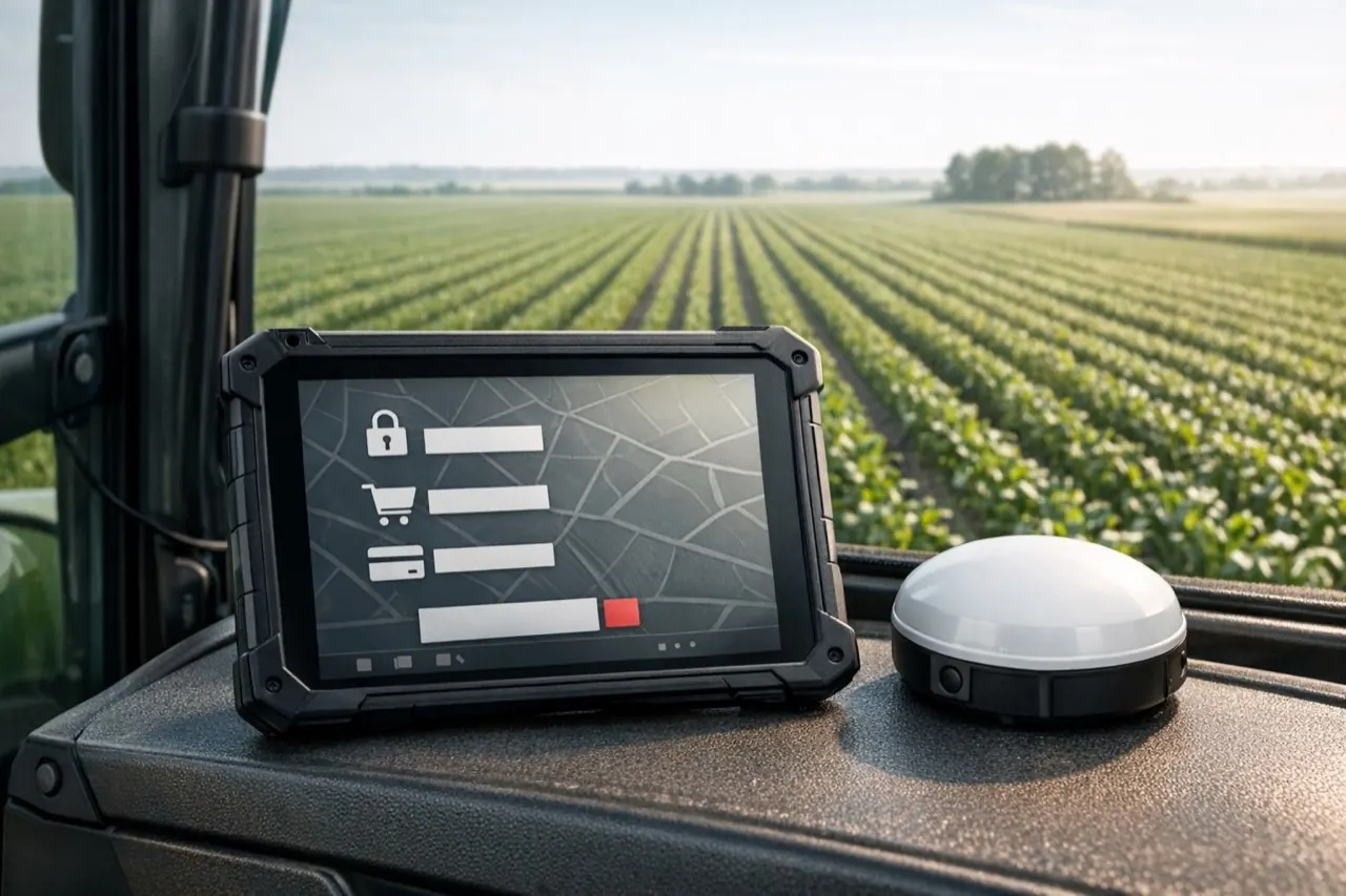 Планшет агронавігації та GPS-приймач у кабіні трактора на фоні поля